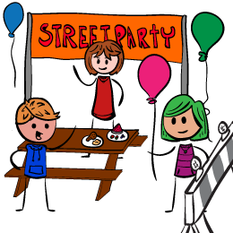 Cartoon of a street party.